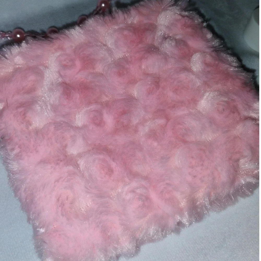 Princess Girl's Pink Faux Fur Beaded‎ Handle Purse Handbag Adorable Cute